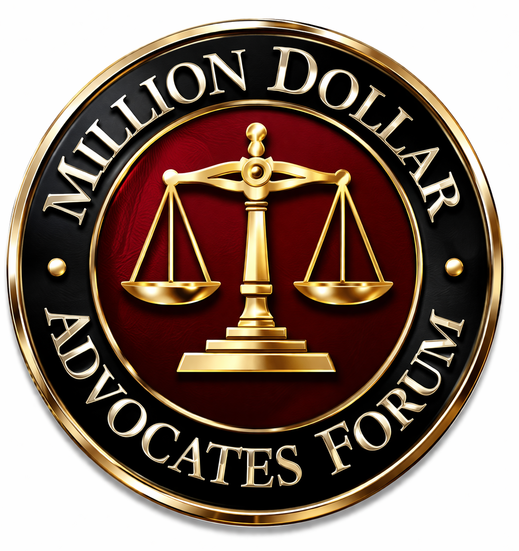 Gold and black circular emblem with scales of justice in the center and text reading 'Million Dollar Advocates Forum'.